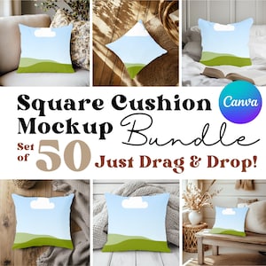 Kissen Mockup, Gesponnenes Polyester Quadratisches Kissen All Over Print Boho Kissen Mockup, Canva ziehen und ablegen, Kissen Mockup Vorlage