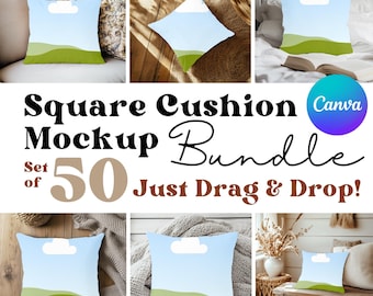 Maqueta de almohada cuadrada: Canva, arrastrar y soltar, estilo bohemio (descarga digital, 50 archivos)
