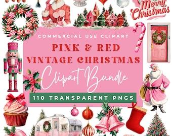 110 High-Quality Vintage Christmas Clipart Bundle, Retro Xmas Images PNG for Sublimation, Printable Kitsch Holiday Winter Red and Pink POD