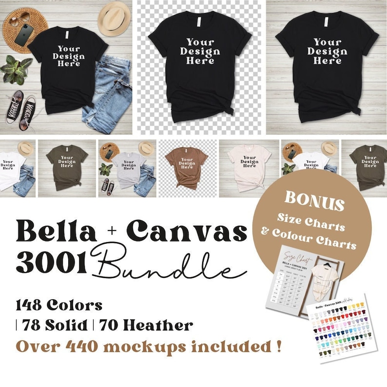 May include: Bella + Canvas 3001 Bundle mockup featuring a variety of t-shirt colors and styles. The bundle includes over 440 mockups and 148 colors, including 78 solid and 70 heather colors. The image shows a black t-shirt with the text "Your Design Here" on it.