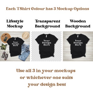 May include: Three mockups of a black t-shirt with the text "Your Design Here" on the front. The first mockup shows the t-shirt on a wooden surface with a pair of jeans and a hat. The second mockup shows the t-shirt on a transparent background. The third mockup shows the t-shirt on a wooden background.