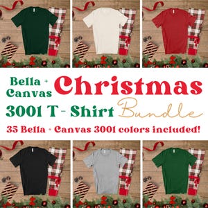 May include: A mockup of six different Bella + Canvas 3001 t-shirts in various colors, including green, white, red, black, heather grey, and dark green. The shirts are laid out on a wooden surface with red and white plaid fabric and Christmas decorations.
