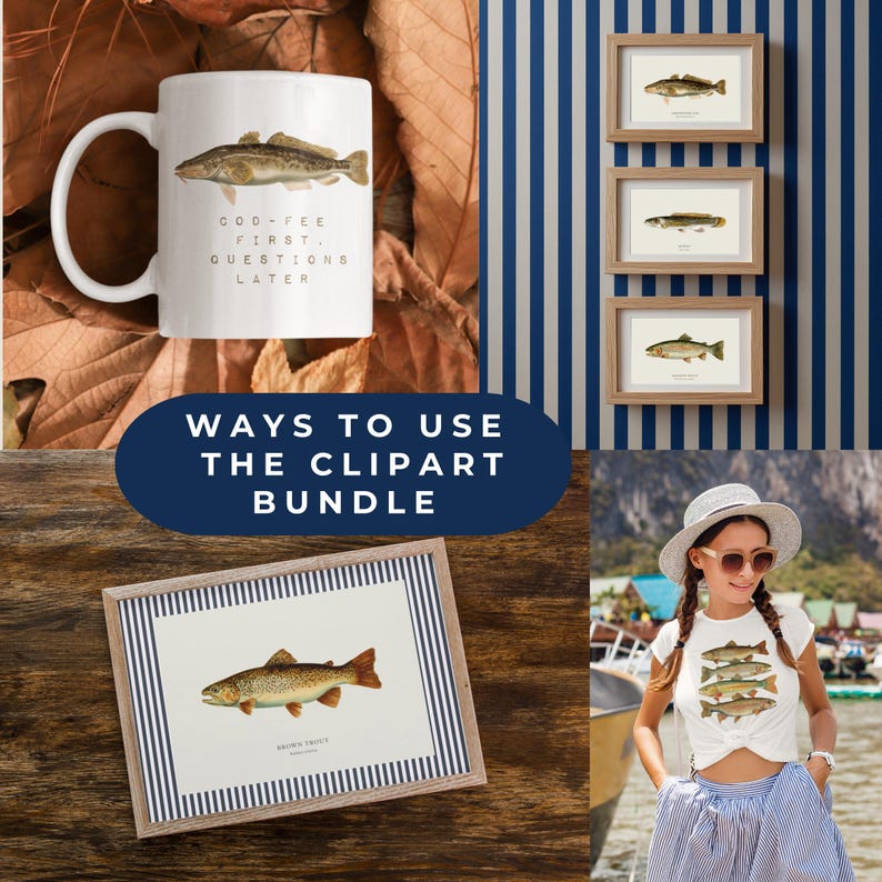 May include: A white coffee mug with a fish illustration and the text "GOD-FEE FIRST, QUESTIONS LATER." Also shown are framed fish prints, a framed fish print, and a white t-shirt with fish graphics.