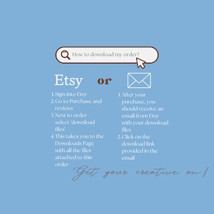 May include: A light blue graphic with instructions on how to download an order from Etsy. The text includes steps for downloading files from the Etsy website and via email. The phrase "Get your creative on!" is at the bottom.
