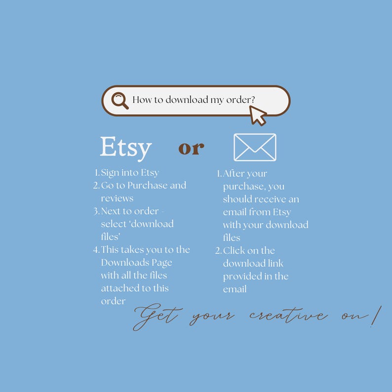 May include: A light blue graphic with instructions on how to download an order from Etsy. The text includes steps for downloading files from the Etsy website and via email. The phrase "Get your creative on!" is at the bottom.