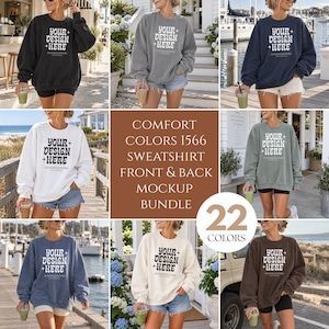 Könnte beinhalten: Eine Kollektion von Rundhals-Sweatshirts in verschiedenen Farben, die jeweils den weißen Schriftzug 'YOUR DESIGN + HERE' auf der Vorderseite tragen. Die Kleidungsstücke sind in verschiedenen Außenbereichen zu sehen und haben lange Ärmel.