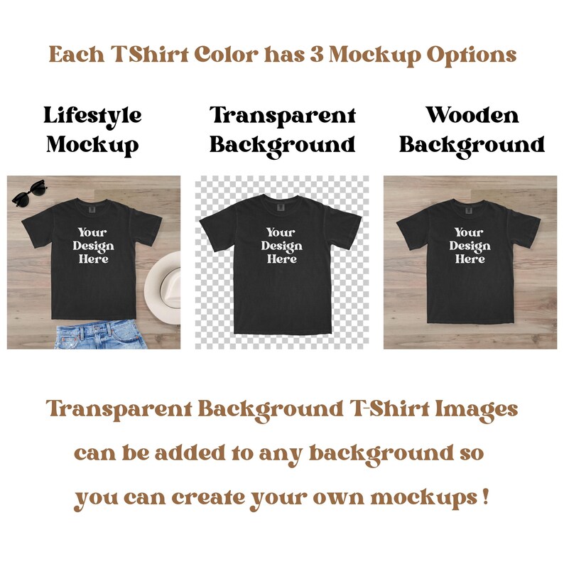May include: Image showcasing three mockup options for t-shirts: lifestyle, transparent background, and wooden background. Each black t-shirt displays the text "Your Design Here." The text highlights the ability to add transparent background images to any background for custom mockups.