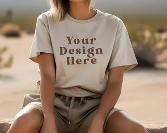 Natural Bella Canvas 3001, maqueta de camiseta, maqueta de camisa con estilo, maqueta de camiseta para mujer, maqueta de camiseta de color crema suave, maqueta de camiseta natural