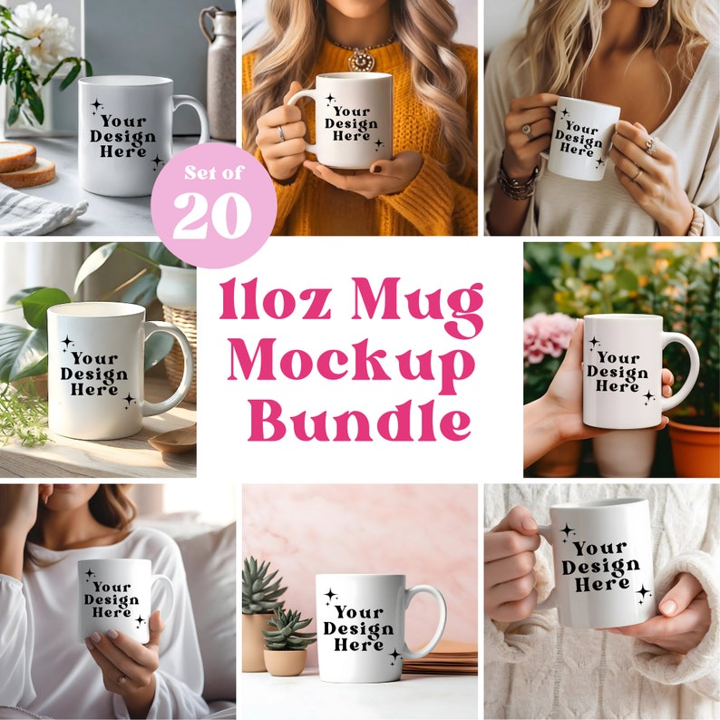 May include: Set of 20 white 11oz mugs with a black design that says "Your Design Here". The mugs are shown in various settings, including a hand holding the mug, a mug on a table, and a mug on a bed.