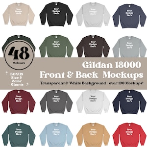 Op de afbeelding: Een mockup-afbeelding met een verscheidenheid aan Gildan 18000 sweatshirts in verschillende kleuren. Elk sweatshirt toont de tekst "Your Design Here". De afbeelding bevat ook tekst met de tekst "48 Kleuren" en "Front & Back Mockups".