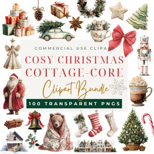 Watercolor Christmas Clipart Bundle: Cozy Cottagecore PNG (100 Files) (Digital Download