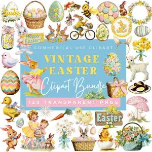 Vintage Easter Clipart Bundle, Easter Bunny PNG, Spring Floral Eggs, Retro Easter Images, Commercial Use PNG, POD, Cricut, 1950s 1960s image