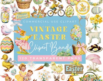Vintage Easter Clipart Bundle, Easter Bunny PNG, Spring Floral Eggs, Retro Easter Images, Commercial Use PNG, POD, Cricut, 1950s 1960s image