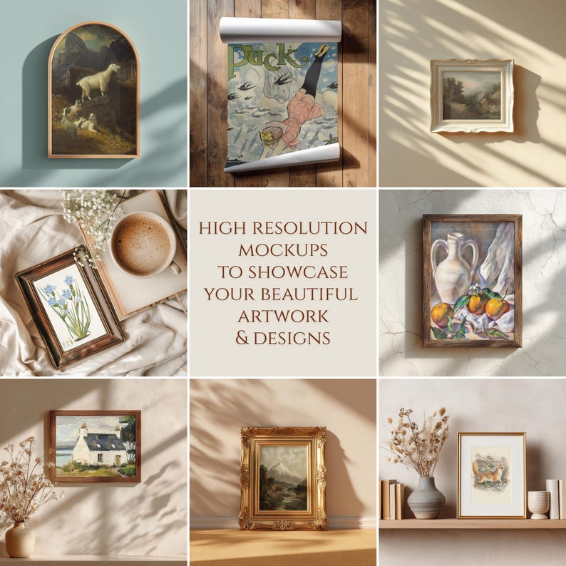 May include: A collection of framed artwork and mockups, including landscape paintings, botanical prints, and a vintage magazine cover. The frames vary in style, from ornate gold to simple wood. The text reads: "HIGH RESOLUTION MOCKUPS TO SHOWCASE YOUR BEAUTIFUL ARTWORK & DESIGNS."