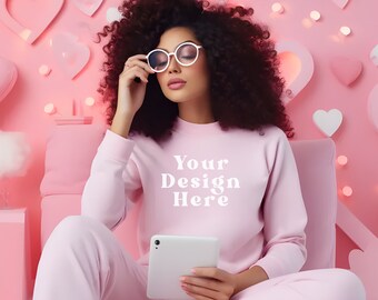 Valentines Day Mockup, 18000 Gildan Light Pink Sweatshirt Mockup, Model Sweatshirt Mock up, 18000 Gildan Sweatshirt Mock Up