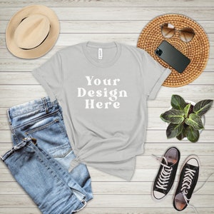 Bella Canvas 3001 Heather Silver T-Shirt Mockup: Flat Lay, AI Enhanced (Digital File)