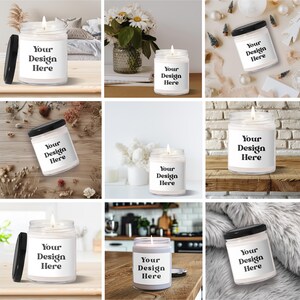 May include: A collection of glass jar candles with black lids. Each candle has a white label with the text "Your Design Here". The candles are lit, and the background varies, including flowers and decorative items.