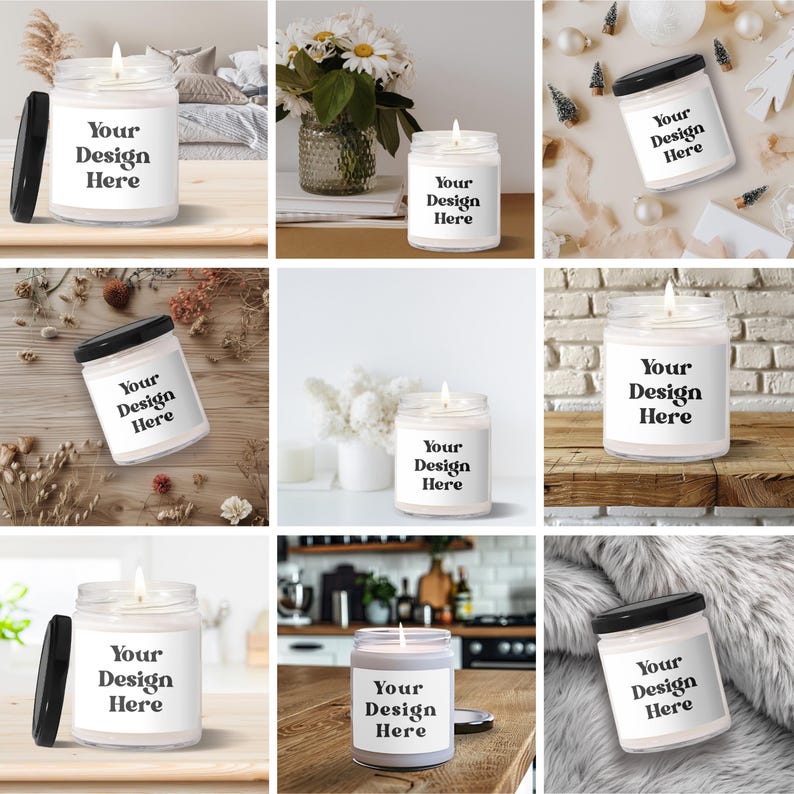 May include: A collection of glass jar candles with black lids. Each candle has a white label with the text "Your Design Here". The candles are lit, and the background varies, including flowers and decorative items.