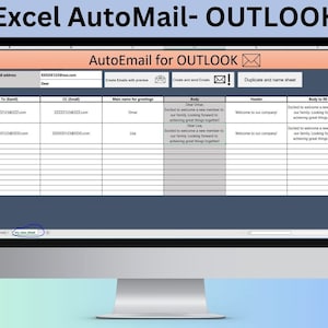 以下が含まれることがあります： 「Excel AutoMail - OUTLOOK」というタイトルのExcelスプレッドシートが表示されたコンピューターモニター。スプレッドシートは「AutoEmail for OUTLOOK」とラベル付けされ、メールアドレス、挨拶、本文のフィールドが含まれています。画面は青と白のグラデーションの背景です。