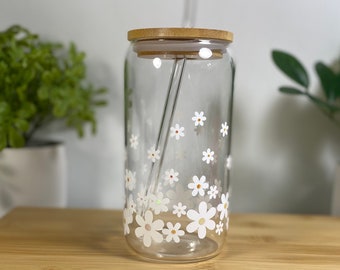 Daisy Iced Coffee Cup: Libbey Glass with Bamboo Lid