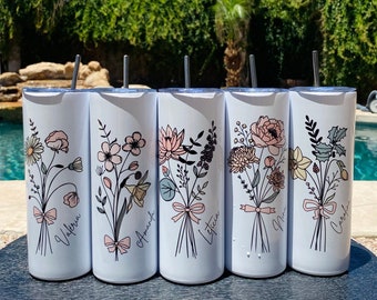 Personalized Birth Flower Tumbler: Custom 20oz Skinny Tumbler