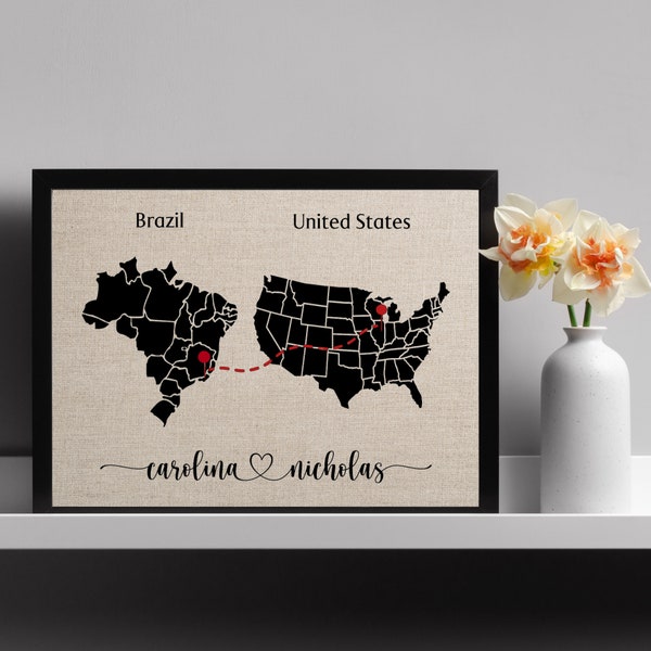 Personalized Love Map, Two Countries Linked Map, Country Map