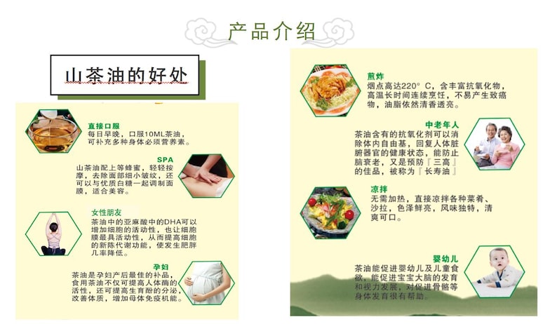 May include: A colourful infographic outlining the benefits of camellia oil. The infographic is divided into sections with headings in Chinese characters. The sections describe the benefits of camellia oil for different groups of people, including pregnant women, children, and older adults. The infographic also includes images of food prepared with camellia oil.