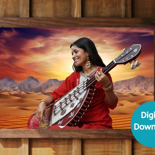 Beautiful Indian Woman Playing An Unusual Stringed Instrument, Downloadable Digital Wall Art, Wall Decor