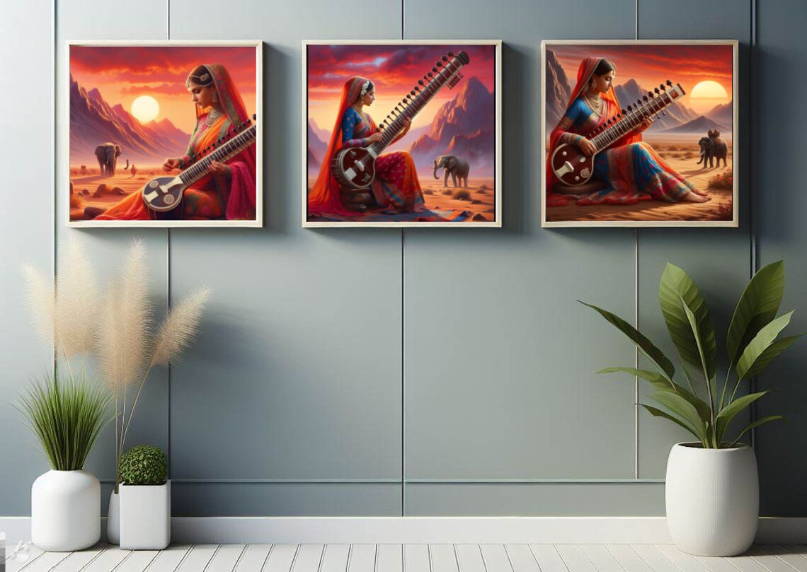 Bundle Beautiful Indian Women Playing Sitars Outdoors, Downloadable