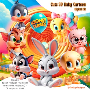 Pode incluir: Um kit digital com personagens de desenhos animados 3D, incluindo Pernalonga, Piu-Piu e Gaguinho. A imagem inclui um balão Looney Tunes e o texto "Cute 3D Baby Cartoon Digital Kit". O kit inclui 35 imagens PNG de alta resolução e 4 cenas de fundo.