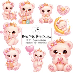 Pode incluir: Uma coleção de ilustrações digitais de ursinhos de peluche cor-de-rosa claro com coroas douradas e laços cor-de-rosa. Os ursos são representados em várias poses com itens como blocos, um carrinho de bebé, um biberão, um presente e um balão.