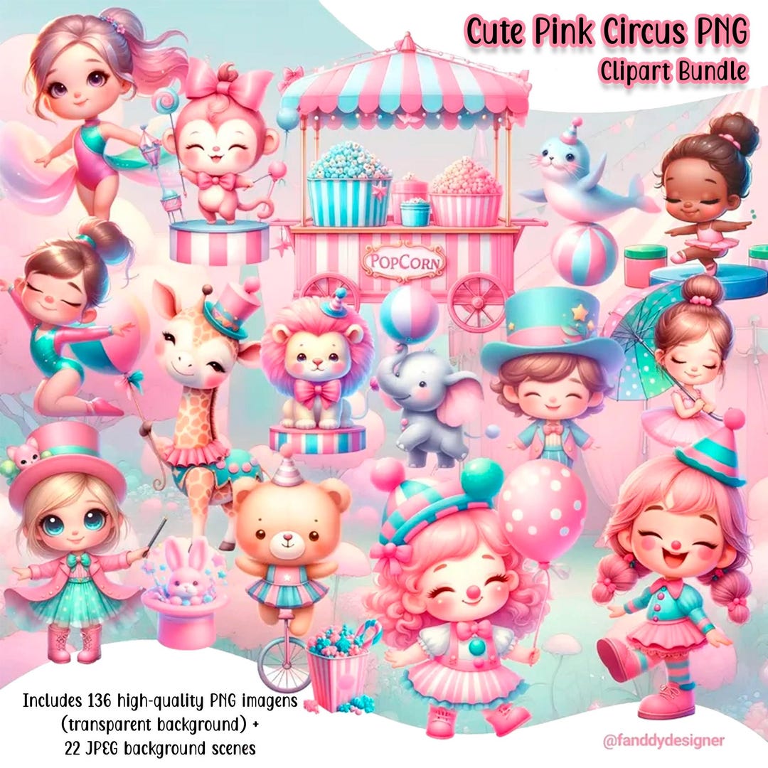 Cute Pink Circus Watercolor Clipart | 136 PNG Transparent Files + 22 ...
