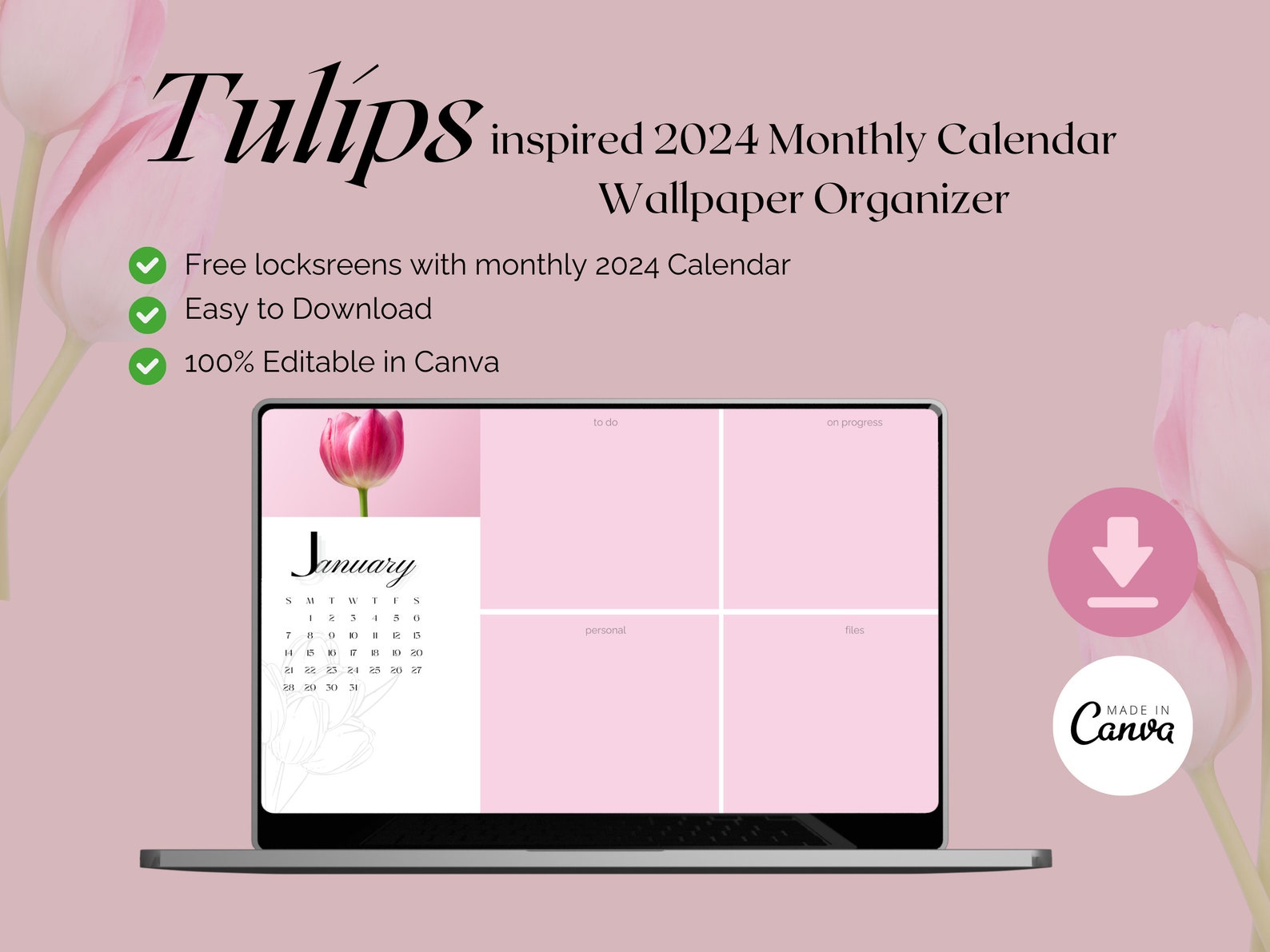 Tulips Inspired 2024 Monthly Calendar Wallpaper Organizer With Monthly