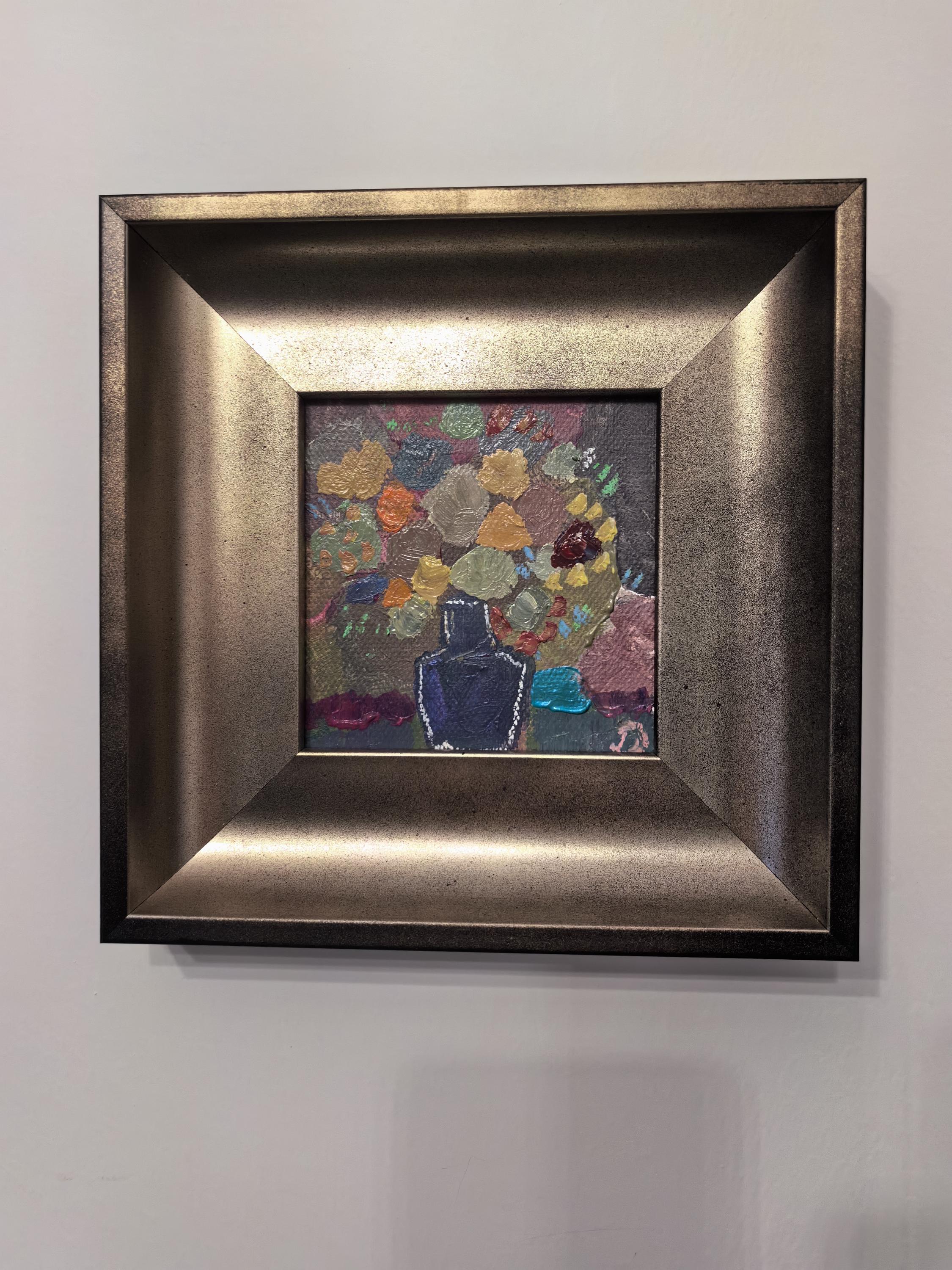 青い花の抽象画 フレーム付き オリジナルの花の抽象画：青い花瓶、ヴィンテージゴールドフレーム