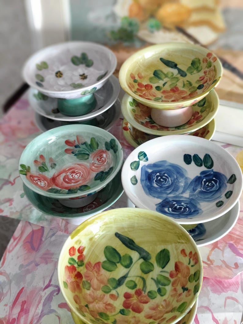 Hand-painted Ceramic Pedestal Bowl: Stoneware Salad & Fruit Platter - Etsy
