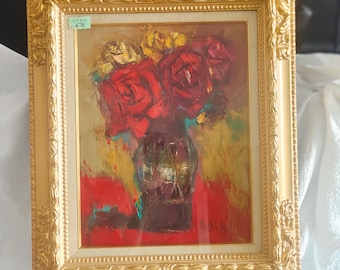 Vintage Floral Oil Painting, Roses Bouquet, Ornate Gold Baroque Frame, Mid-Century Impressionist Still Life