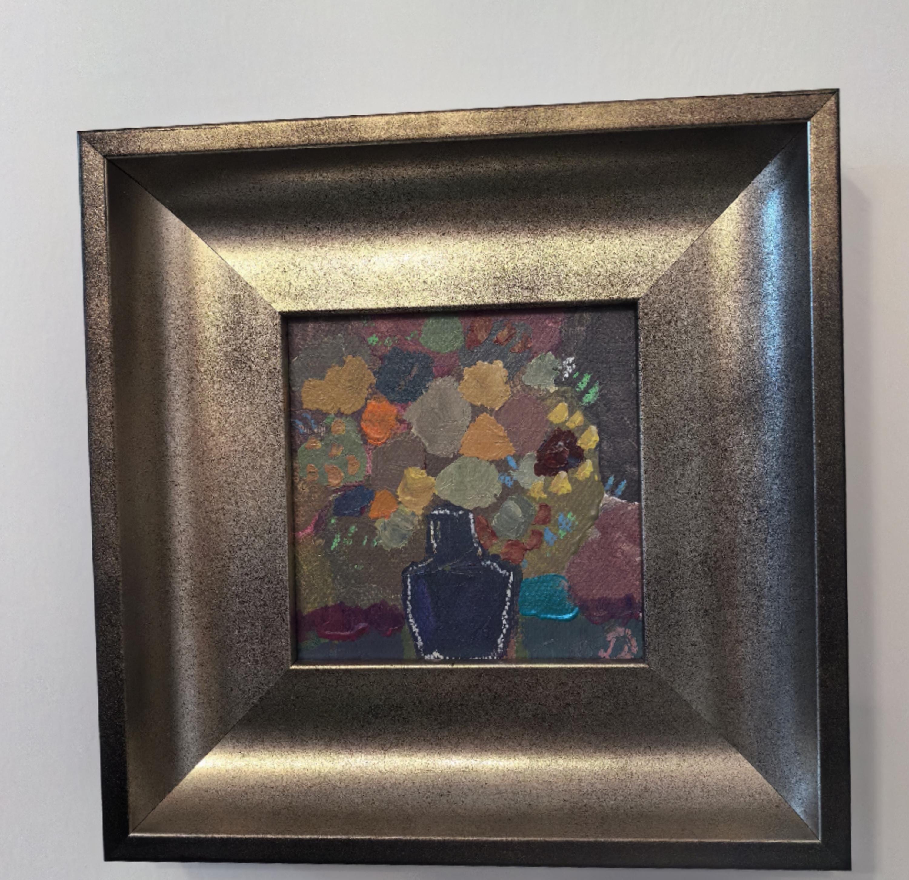 オリジナルの花の抽象画：青い花瓶、ヴィンテージゴールドフレーム