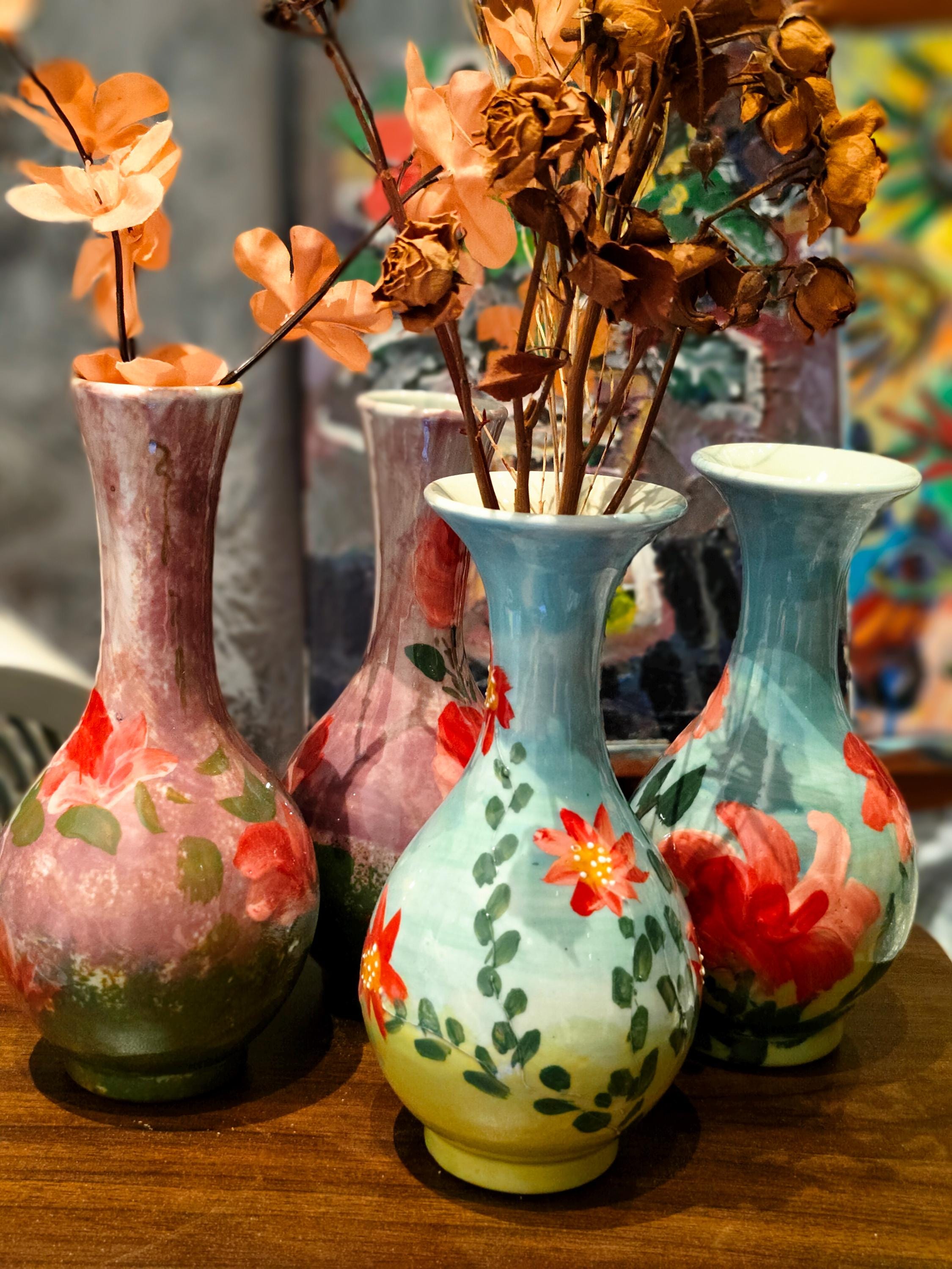 Handmade Floral Ceramic Vase, Textured Glaze, Home Decor