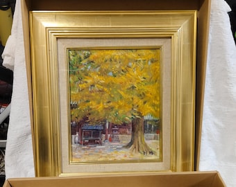 Goldener Ginkgobaum Ölgemälde | Strukturierte Herbstlandschaftskunst, gerahmtes Sammlerstück