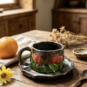 Handmålad blommig keramikmugg, vågig kant hantverkskeramik, kaffekopp med vildblommor, med underlägg