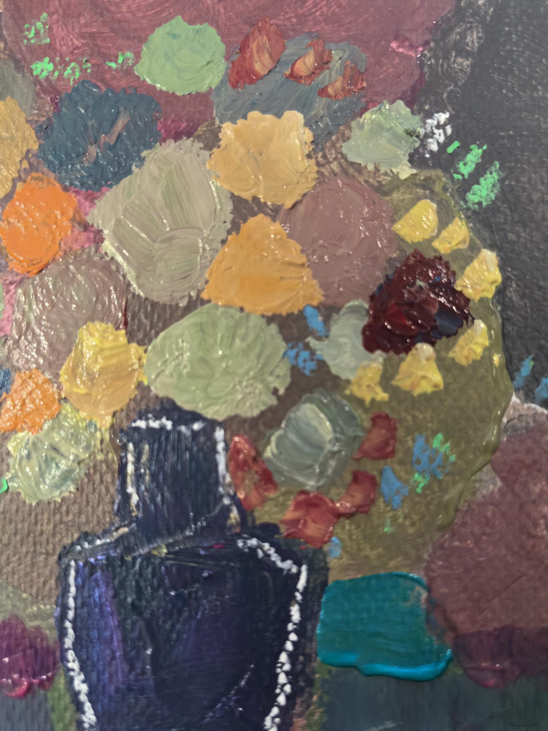 オリジナルの花の抽象画：青い花瓶、ヴィンテージゴールドフレーム