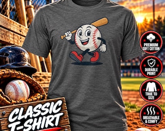 May include: A charcoal grey t-shirt featuring a cartoon baseball character with arms and legs, holding a wooden baseball bat. The character has a smiling face, white gloves, and red shoes. The shirt is displayed with four circular icons.