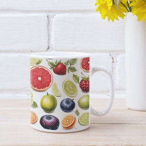 Fruit Mug, Ceramic Coffee Mug, 11 oz., Cottagecore, Water Color, Fruit Lover, Cute, Gardener, Gift for Her, Gift for Him