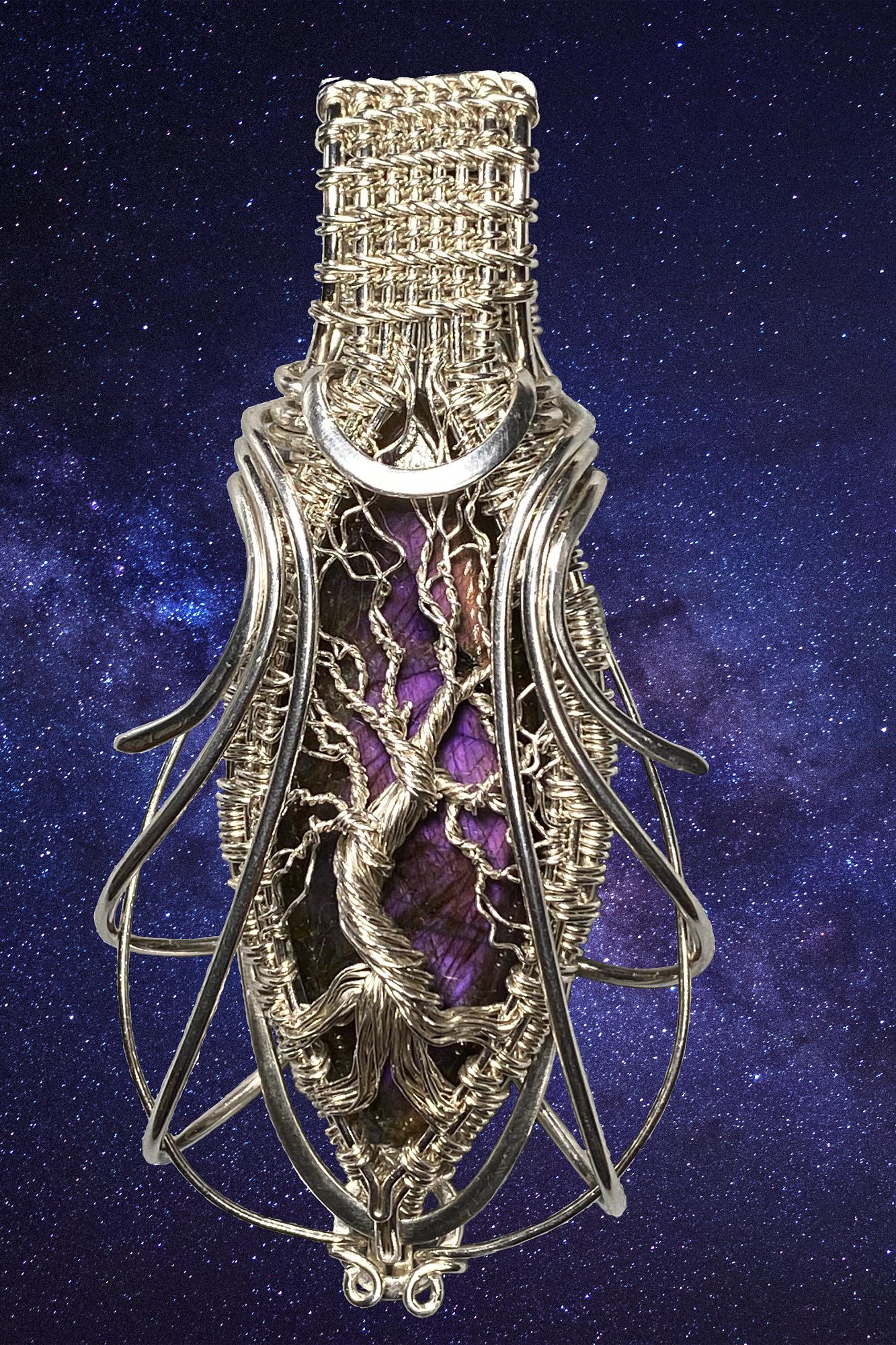 Purple Labradorite Sterling Silver Wrapped Tree of Life Amulet
