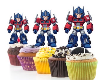 Adornos personalizados para cupcakes inspirados en Transformers, robot rojo y azul, coche Transformer, adorno personalizado para cupcakes, paquete para fiesta de cumpleaños