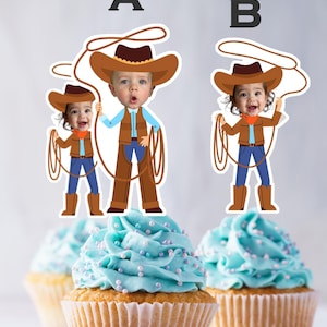 Toppers de cupcake com rosto personalizado, topper de foto do oeste, toppers personalizados de cowboy e cowgirl, cupcakes personalizados de rodeio com rosto do oeste selvagem e foto personalizada