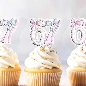 SIX SEVEN cupcake toppers 67 cake decoration 6-7 Spring Easter joke cupcakes Funny '67' Meme pink bow girl Cupcake Toppers Gen Z Party Decor