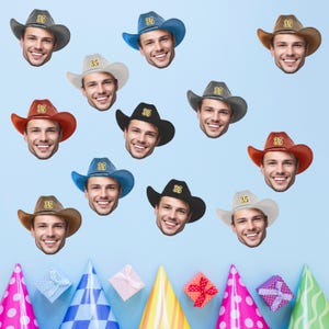 "2 ""kundenspezifischer Foto-Tisch 200 Konfetti Cowboy-Geburtstags-Western-Wildwesten-kundenspezifischer Gesichtsausschnitt-Partydekoration-personalisiert für Männer Frauen ihn sie."