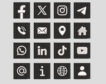 Social Media Embroidered Icons Square (Facebook, X/Twitter, Instagram, Telegram, WhatsApp, LinkedIn, TikTok, YouTube & apps) Digitised logo