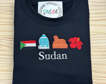 Sudan Embroidered Crewneck | Sudan 4 icons sweater | flag, skyscraper, lion statue, hibiscus flower